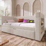 Lit gigogne 90x190 cm canap - lit simple avec lit gigogne beige sans matelas.