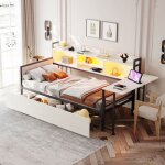 Lit gigogne 90x200 convertible robuste banquette lit structure m�tal robuste rangement int�gr� ports ...