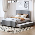Lit gigogne adulte 140�190 cm - avec 2 tiroirs - cadre de lit capitonn� - 2 places - gris tissu de velours ...