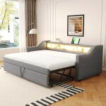 Lit gigogne adulte 90 / 180x190cm lit capitonn canap - lit en lin avec lumires led rangement et sommier ...