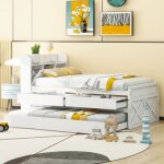 Lit gigogne adulte 90x190 cm en bois massif blanc ? 2 tiroirs sommier 30 lattes et chevet avec prise ...