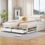 Lit gigogne lit bois massif 90 (180) x 190 cm escamotable 2 en 1 avec tiroirs et roulettes - blanc Lit gigogne lit bois massif 90 (180) x 190 cm escamotable 2 en 1 avec tiroirs et roulettes - blanc
