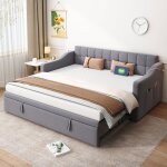 Lit gigogne canapé - lit 90 x 190 cm tapissé en tissu velours avec prises et poches de rangement - gris ... Lit gigogne canapé - lit 90 x 190 cm tapissé en tissu velours avec prises et poches de rangement - gris ...