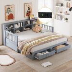 Lit gigogne canap� - lit bois massif 90 / 180x190 cm rangement / prise 2 tiroirs + sommier - pin gris ...