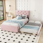 Lit gigogne maisentiel velours rose 90x200 avec sommier � lattes tiroir roulant modulable t�te capitonn�e ...