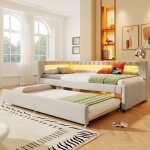 Lit gigogne - merax - banquette lit capitonn�e led & usb - 90x200 cm - lin beige - sommier � lattes