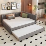 Lit gigogne - dreammespace - 140x200 + 90x190cm - tissu velours - gris - 2 / 3 places