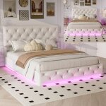 Lit hydraulique 140�200 cm avec �clairage led t�te de lit rembourr�e r�glable lit coffre lit adulte lit ...