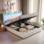 Lit coffre hydraulique - 140x200 cm - simili cuir blanc - led rgb + port recharge ue - rangement pneumatique ...