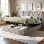 Lit hydraulique - velours gris ice - flower - 140x200 cm - coffre double v�rins + led rgb - t�te capitonn�e ...