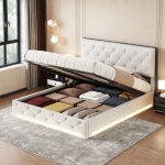 Lit hydraulique 160�200 cm avec �clairage led t�te de lit rembourr�e r�glable lit coffre lit adulte lit ...