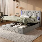 Lit hydraulique 160x200 cm - lit coffre adulte avec rangement intgr et led rgb latrale - velours gris ...