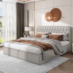 Lit hydraulique 180 x 200 cm en coton et lin lit double avec rangement sous le lit décor rivet sans matelas ... Lit hydraulique 180 x 200 cm en coton et lin lit double avec rangement sous le lit décor rivet sans matelas ...