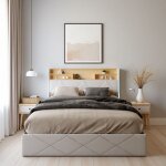 Lit hydraulique adulte 160x200 cm avec rangementled et ports de recharge cuir pu blanc - lit coffre double ...