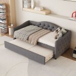 Lit de jour 90x200 cm gris en lin avec lit gigogne 90x190 cm ? canap�?lit 1 place mdf sans matelas