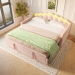Lit de jour 90x200 (180x200) avec lit gigogne et led - velours rose sommier � lattes sans matelas
