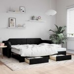 Lit de jour / lit de repos enfant simple - sans matelas - avec gigogne et tiroirs noir 90x190 cm tissu ...