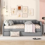 Lit de jour 1 place rembourr� 90 x 200 cm avec lit gigogne gris ? 213 x 97 x 81 cm sommier � lattes