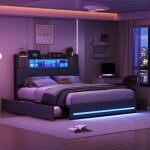 Lit combin en lin gris 160x200 cm avec coussin led 4 tiroirs de rangement port usb et cadre  lattes ...