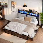 Lit m�tal 160 x 200 cm avec led et 4 tiroirs t�te de lit avec rangement lit adulte lit ado 160 lit double ...