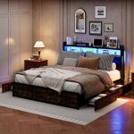 Lit en mtal - ambiance - 160x200 cm - 4 tirors de rangement - avec tte de lit en pu - clairage led ...