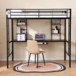Lit mezzanine m�tal 90 x 190 cm avec 4 �tag�res tablette clavier et �chelle double - face - noir