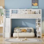 Lit mezzanine 1 place - 90x200 cm - blanc - avec penderie et �tag�res - s�curit� renforc�e