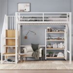 Lit mezzanine 1 place 90x200 avec rangement tagre mobile et penderie escalier pour ado adulte mtal ...