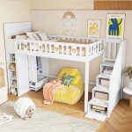 Lit mezzanine 1 places avec escalier lit mezzanine 90x200 pour enfant ado �tag�re armoire barri�re en ...