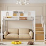 Lit mezzanine 140�200 cm blanc en m�tal avec �chelle rangement fen�tre et panneaux bois tissu