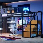 Lit mezzanine 140�200 cm noir en m�tal avec �chelle rangement fen�tre et panneaux bois tissu