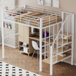 Lit mezzanine 140 x 200 lit adulte avec grand espace de rangement sous le lit et escalier int�gr� m�tal ...
