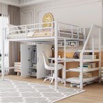 Lit mezzanine 140 x 200 blanc avec armoire �tag�res bureau et �chelle ? structure m�tal sans matelas