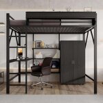 Lit mezzanine 140 x 200 cm - avec bureau - avec espace de rangement - avec armoire - structure en m�tal ...