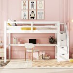 Lit mezzanine 140 x 200 cm lit enfant avec tiroirs de rangement escalier et bureau sous lit style minimaliste ...