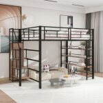 Lit mezzanine 140 x 200 cm avec escalier de scurit rangements et petite penderie tagres haute clture ...
