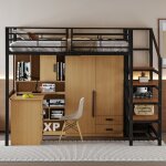 Lit mezzanine 140 x 200 cm avec espace de rangement spacieux sous lit enfants et adultes avec un escalier ...