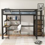 Lit mezzanine m�tal 140 x 200 cm avec bureau armoire et �tag�res int�gr�es ? noir