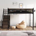 Lit mezzanine 140 x 200 cm lit en m�tal avec rangement et �chelle pour enfants et adolescents - noir