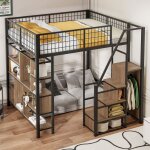 Lit mezzanine 140 x 200 cm lit en mtal avec rangements tagres et escalier lit multifonctionnel pour ...
