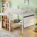 Lit mezzanine 140 x 200 cm multifonctionnel lit mezzanine enfant avec escaliers et rangement mtal blanc ...