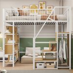 Lit mezzanine 140 x 200 en mtal - lit mezzanine 2 place adulte ado avec rangement penderie portant tagres ...