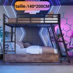 Lit mezzanine 140 x 200 m�tal noir avec bureau int�gr� 2 tiroirs bande led t�l�command�e escalier antid�rapant ...
