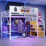 Lit mezzanine 140 x 200cm - lit adulte 2 places - blanc m�tal - avec bureau - hauss spole