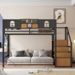 Lit mezzanine 140 x 200cm - lit adulte 2 places - noir m�tal - avec bureau - hauss spole