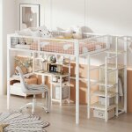 Lit mezzanine 140x200 cm avec armoire  cadre en fer et table informatique - lit enfant avec escalier ...