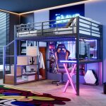 Lit mezzanine - langtu - 140 x 200 cm - �clairage led t�l�command� - bureau int�gr� - �chelle de rangement ...