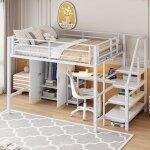 Lit mezzanine 140x200 cm blanc avec bureau intgr armoire tagres et chelle de rangement lit enfant ...