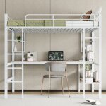 Lit mezzanine 140x200 cm blanc - cadre mtal bureau intgr & 5 tagres - enfants / ados / adultes - ...