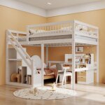 Lit mezzanine 140x200 cm en bois massif escalier avec meuble de rangement lit enfant simple structure ...